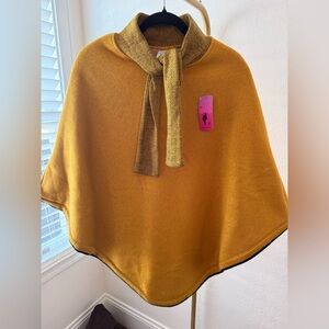 Mustard Yellow Poncho Sweater with Scarf Collar – Cozy Knit Wrap
